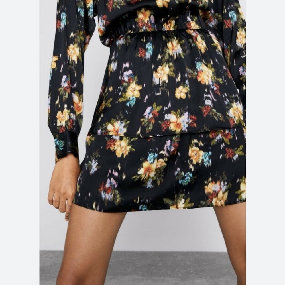 Zara Black Floral Ruffle‎ Mini Long Sleeves Dress Size XS - Picture 16 of 16